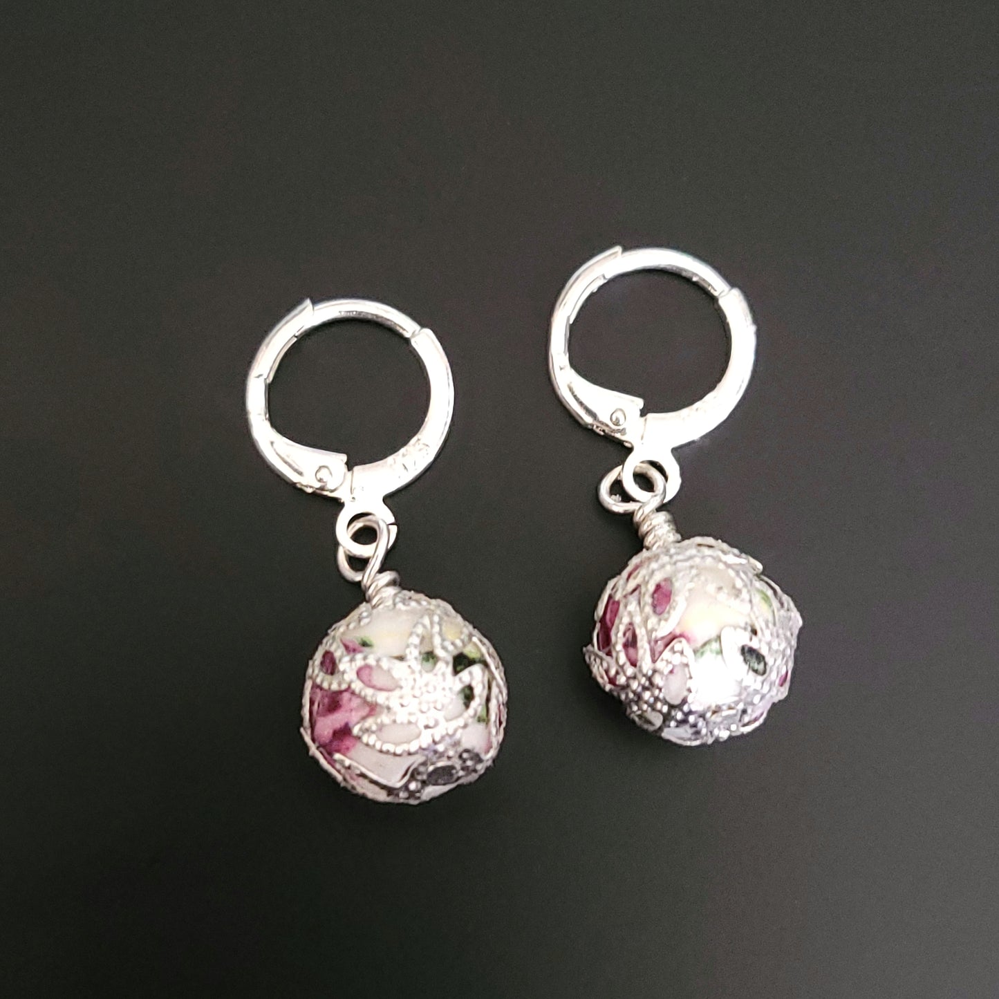 Silver detail Porcelain bead Huggie Earrings