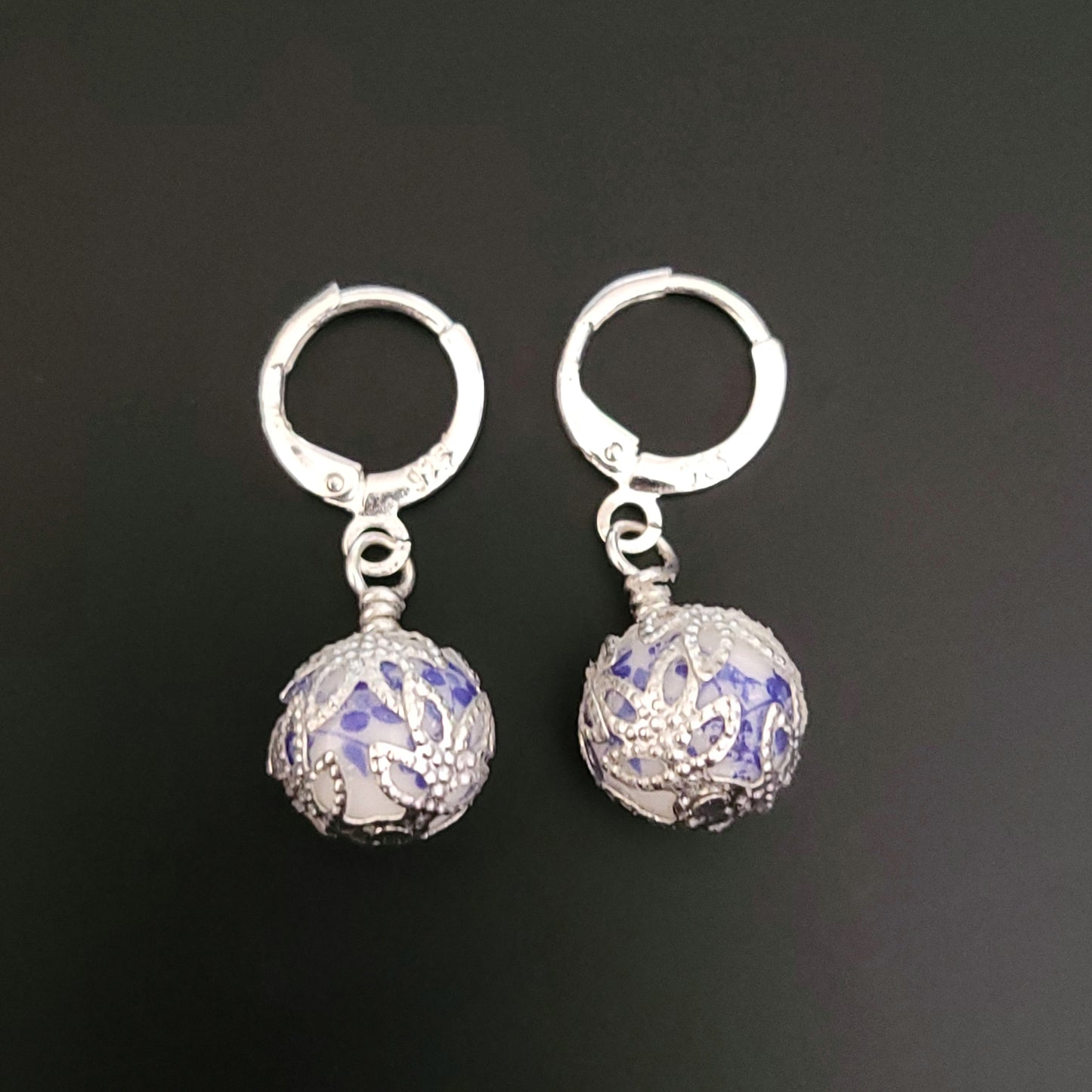 Silver detail Porcelain bead Huggie Earrings