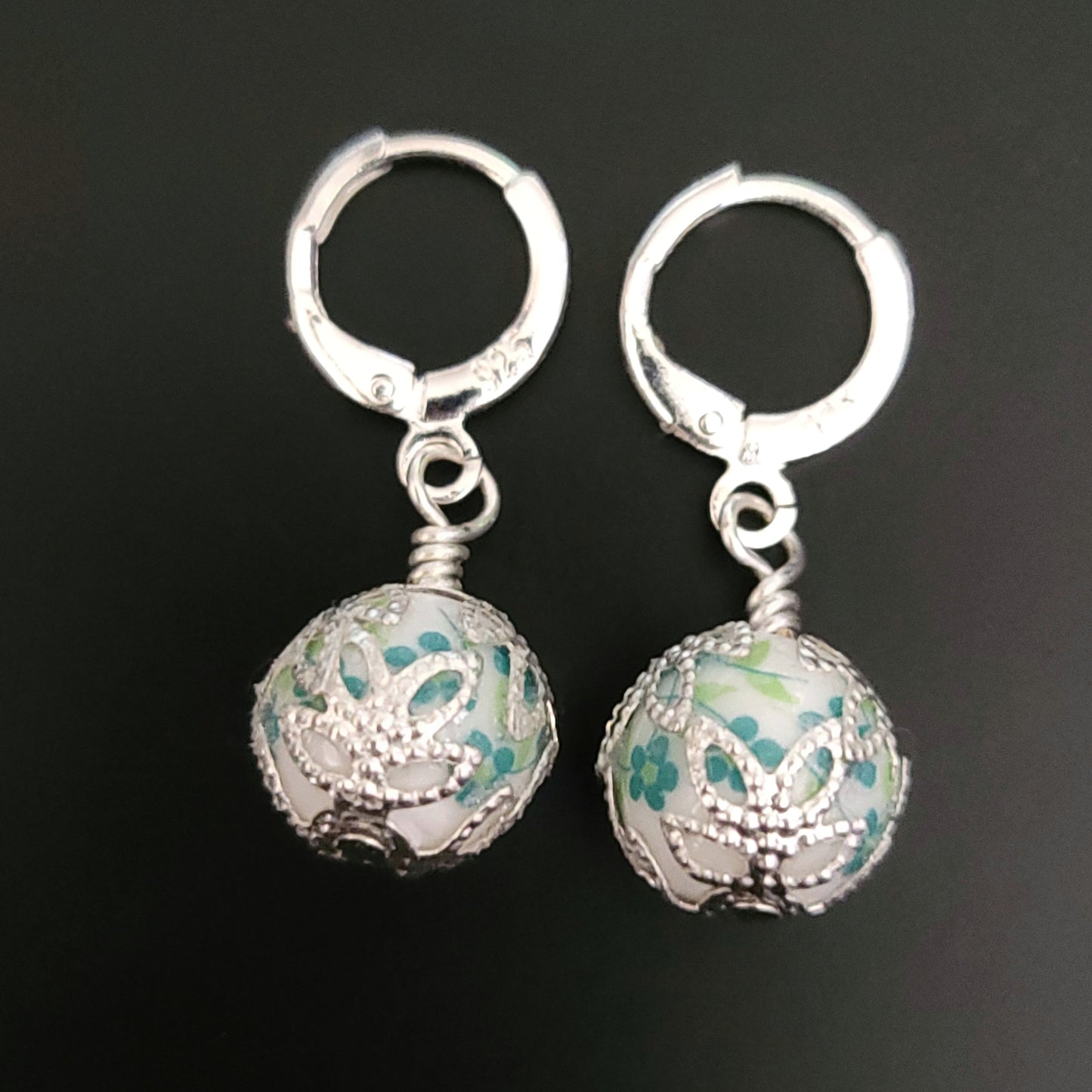 Silver detail Porcelain bead Huggie Earrings