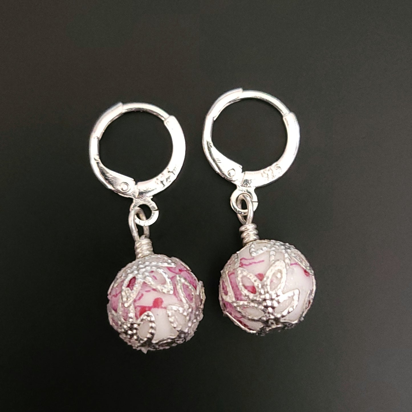 Silver detail Porcelain bead Huggie Earrings