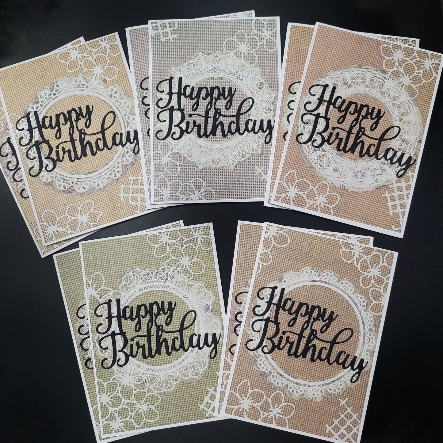 A6 Lace Circle with flowers & lattice detail Happy Birthday blank card.