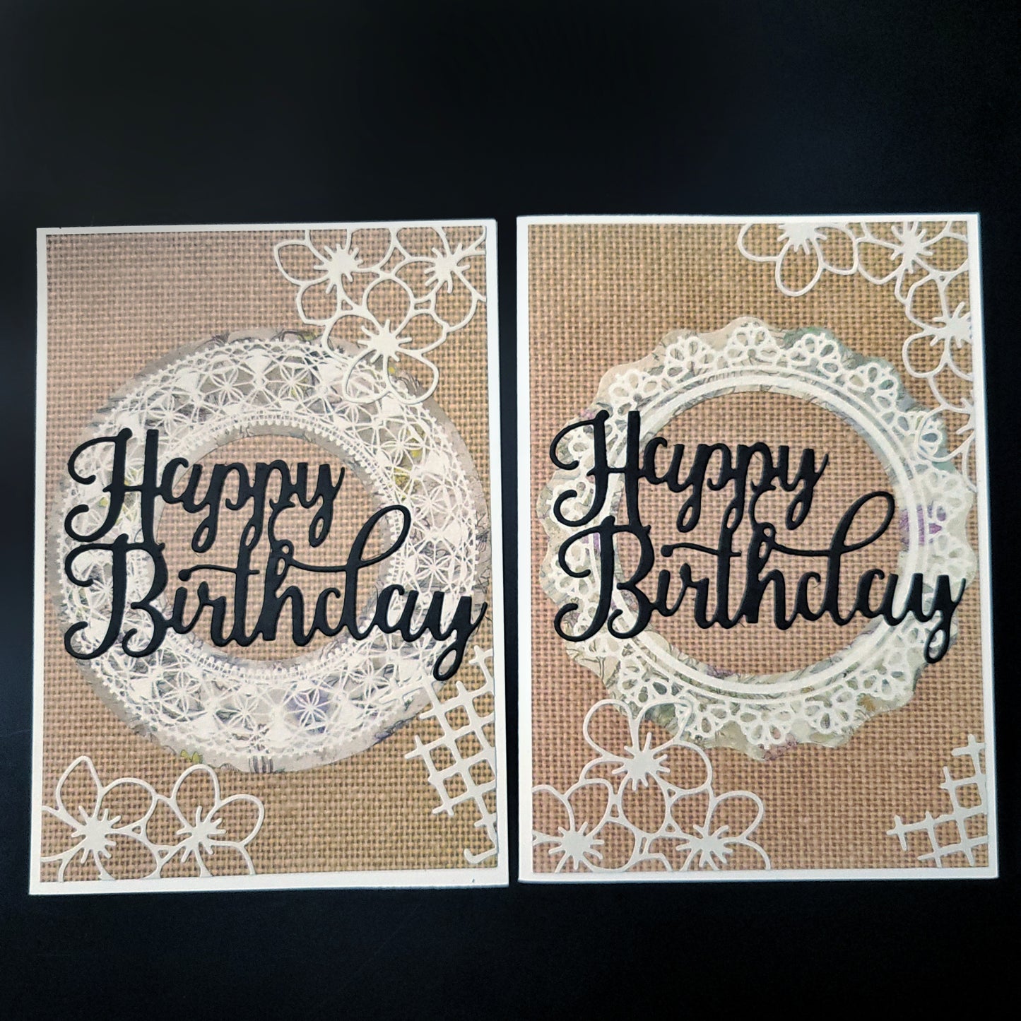 A6 Lace Circle with flowers & lattice detail Happy Birthday blank card.