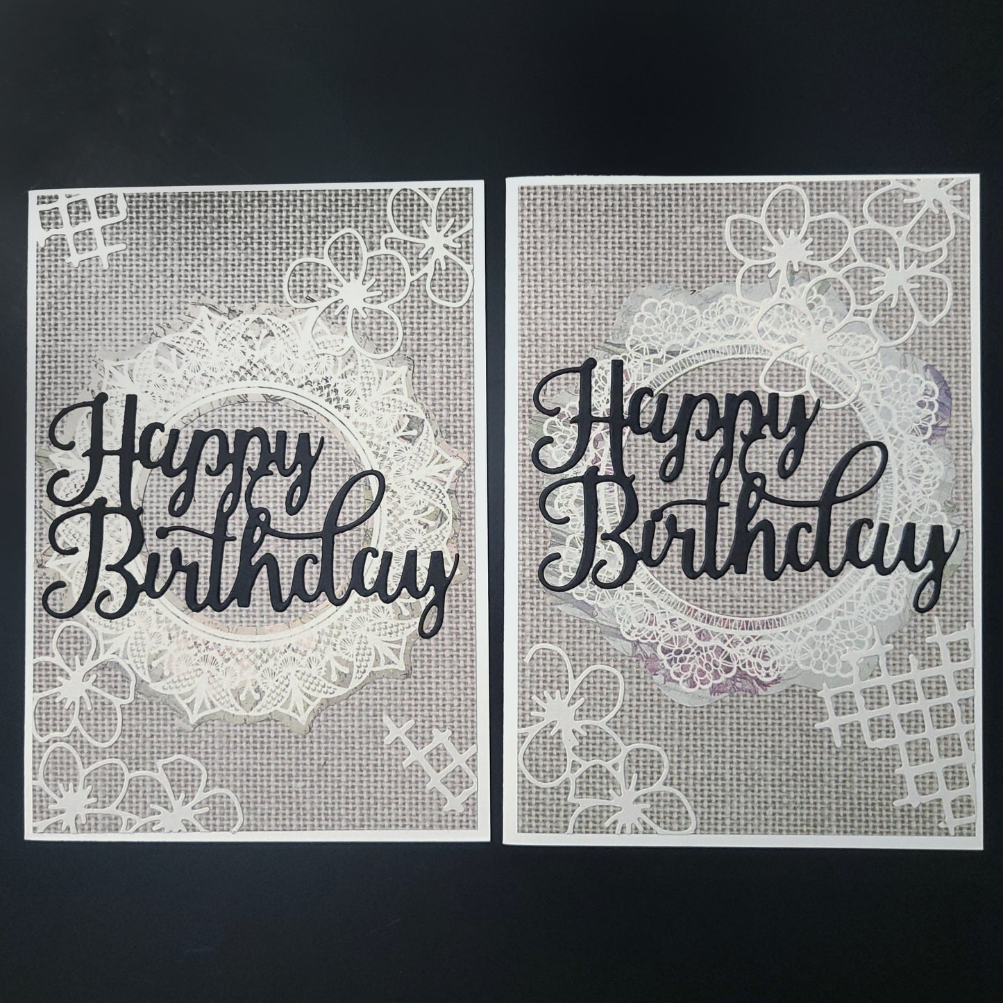 A6 Lace Circle with flowers & lattice detail Happy Birthday blank card.