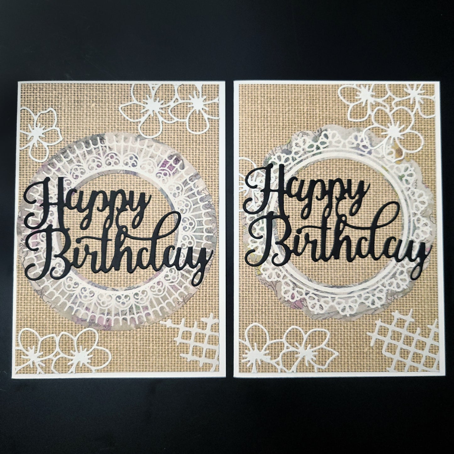 A6 Lace Circle with flowers & lattice detail Happy Birthday blank card.