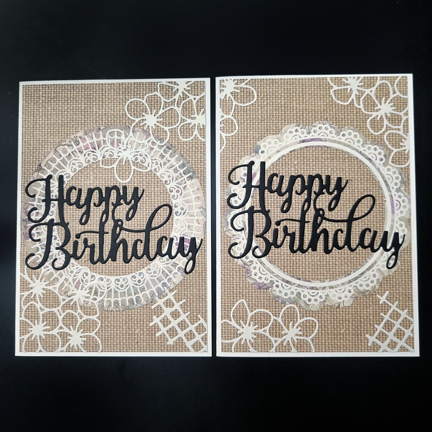 A6 Lace Circle with flowers & lattice detail Happy Birthday blank card.
