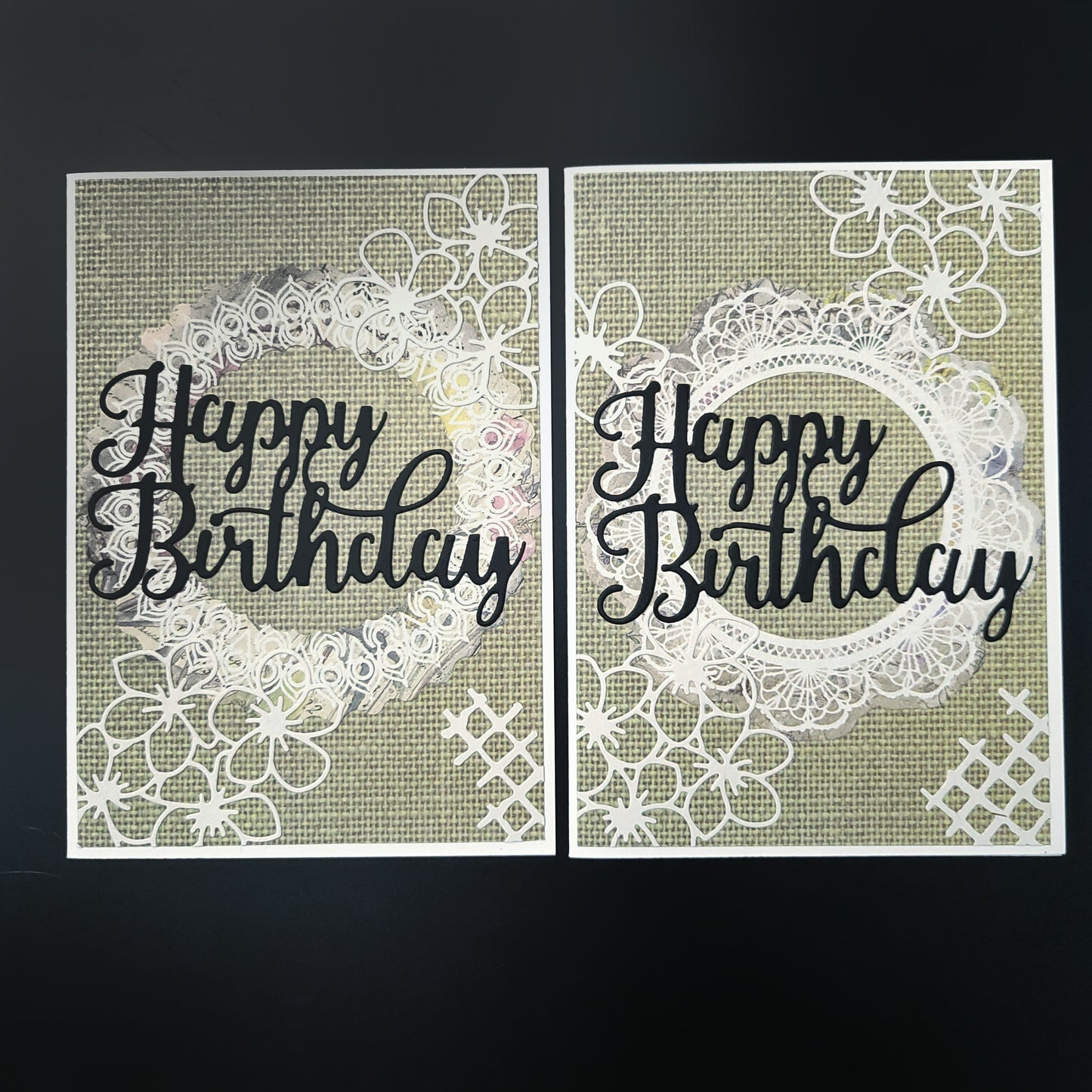 A6 Lace Circle with flowers & lattice detail Happy Birthday blank card.