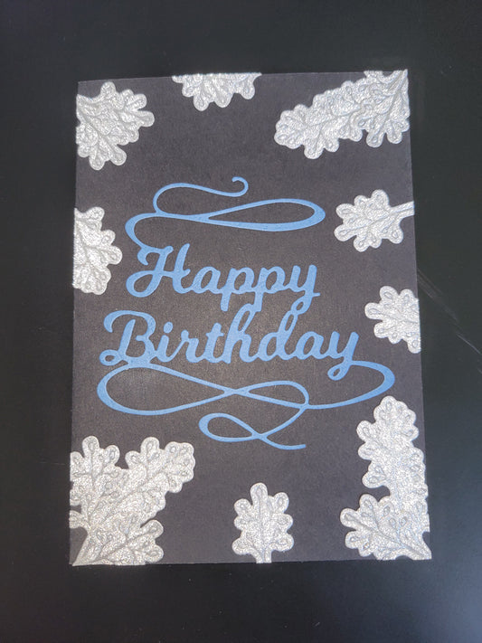 Silver Leaves blue Happy Birthday blank card