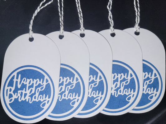 Single Oval Blue Circle inlay Happy Birthday Gift Tag.