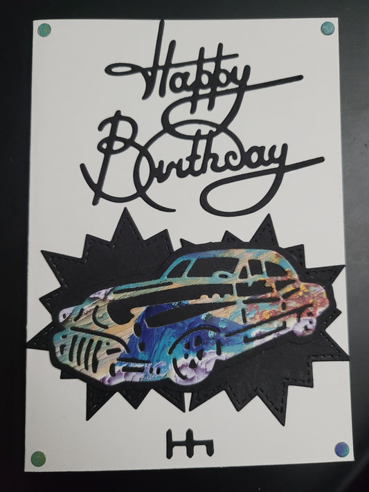 A6 One of a Kind Vintage Car Starburst Happy Birthday blank card