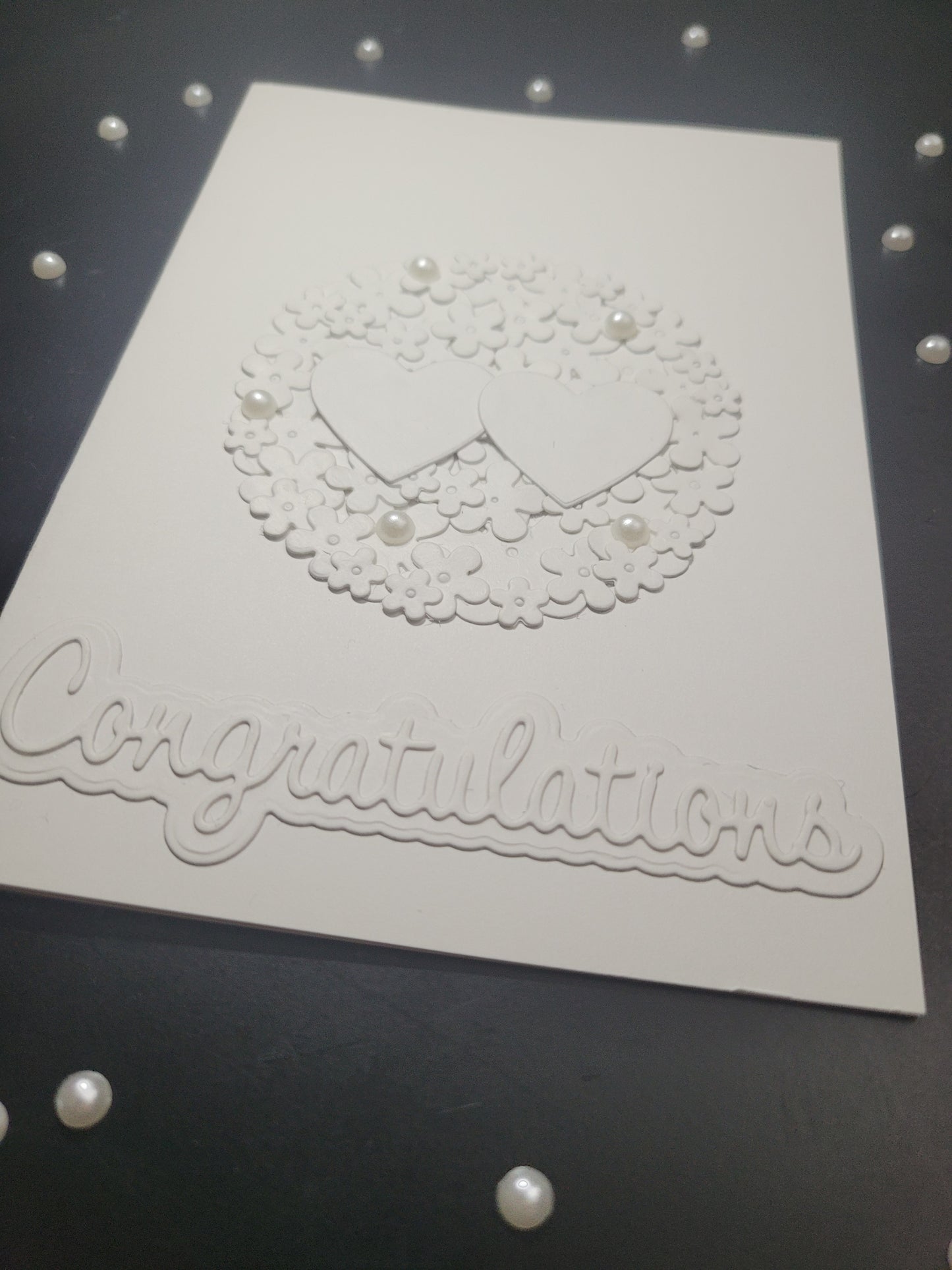 A6 Solid White Congratulations - Flower,Pearl and Hearts -Wedding/Engagement- blank card