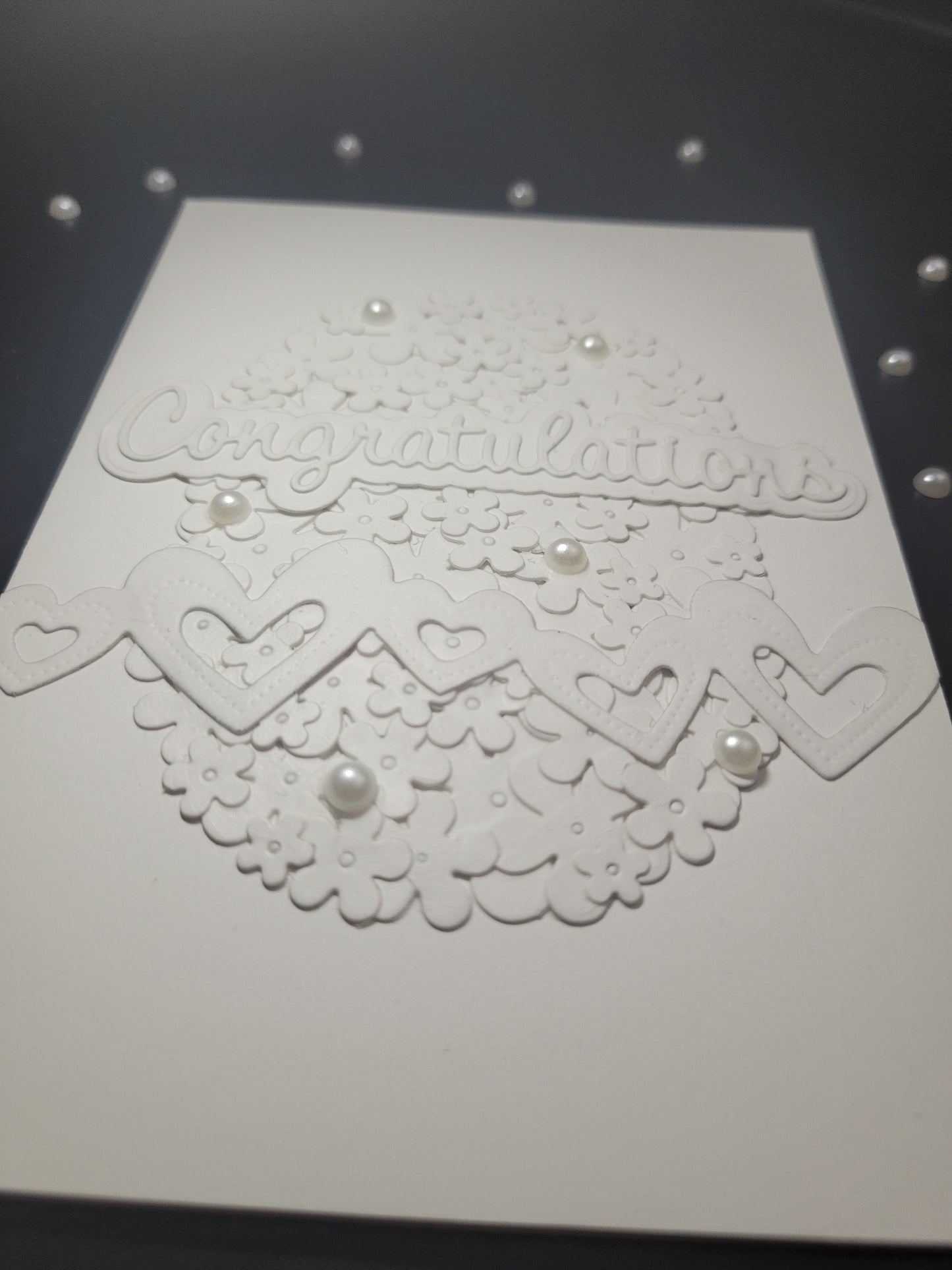 A6 Solid White Congratulations - Flower,Pearl and Hearts -Wedding/Engagement- blank card