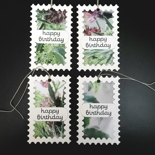 Set of 4 Floral Stamp Edged Happy Birthday gift tags (variety of colours)