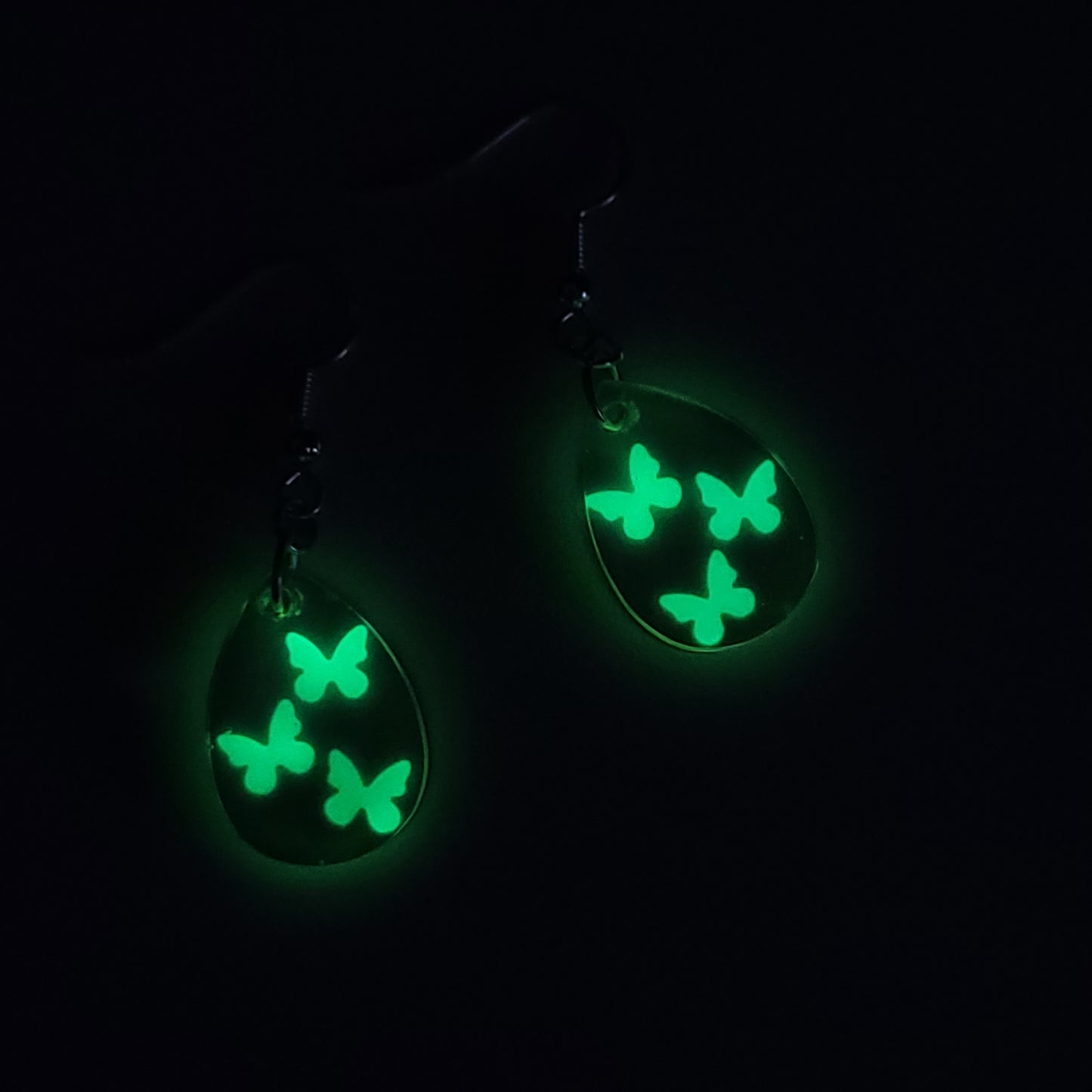 Butterfly sequins glow in the dark resin earrings - test sample - Maker's One Takers