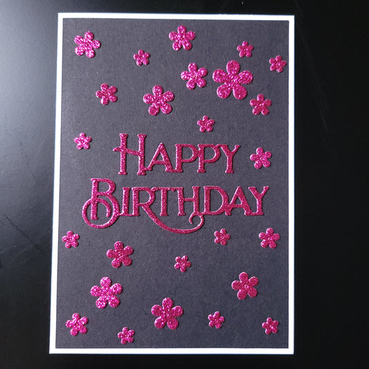 A6 Magenta Glitter Flowers Happy Birthday blank card
