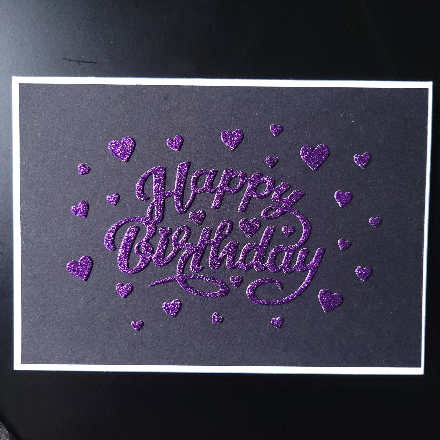 A6 Purple Glitter Hearts Happy Birthday blank card