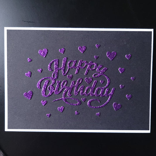 A6 Purple Glitter Hearts Happy Birthday blank card