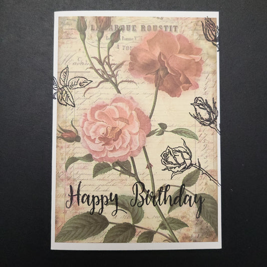 A6 Pink Rose vintage style hand stamped blank card