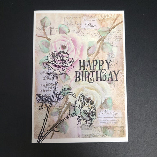 A6 Soft Roses vintage style hand stamped blank card