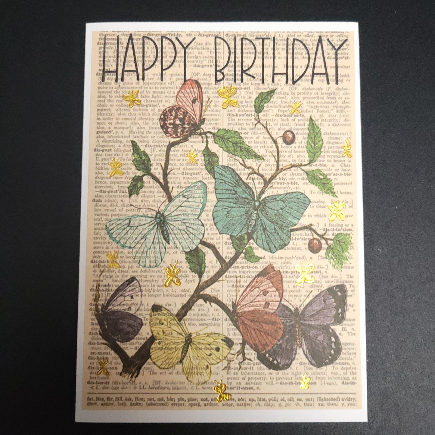 A6 Butterfly Gathering vintage style hand stamped and foiled blank card