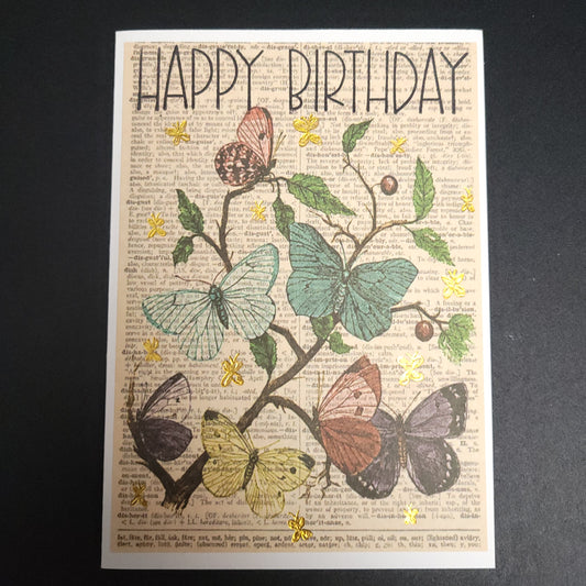A6 Butterfly Gathering vintage style hand stamped and foiled blank card