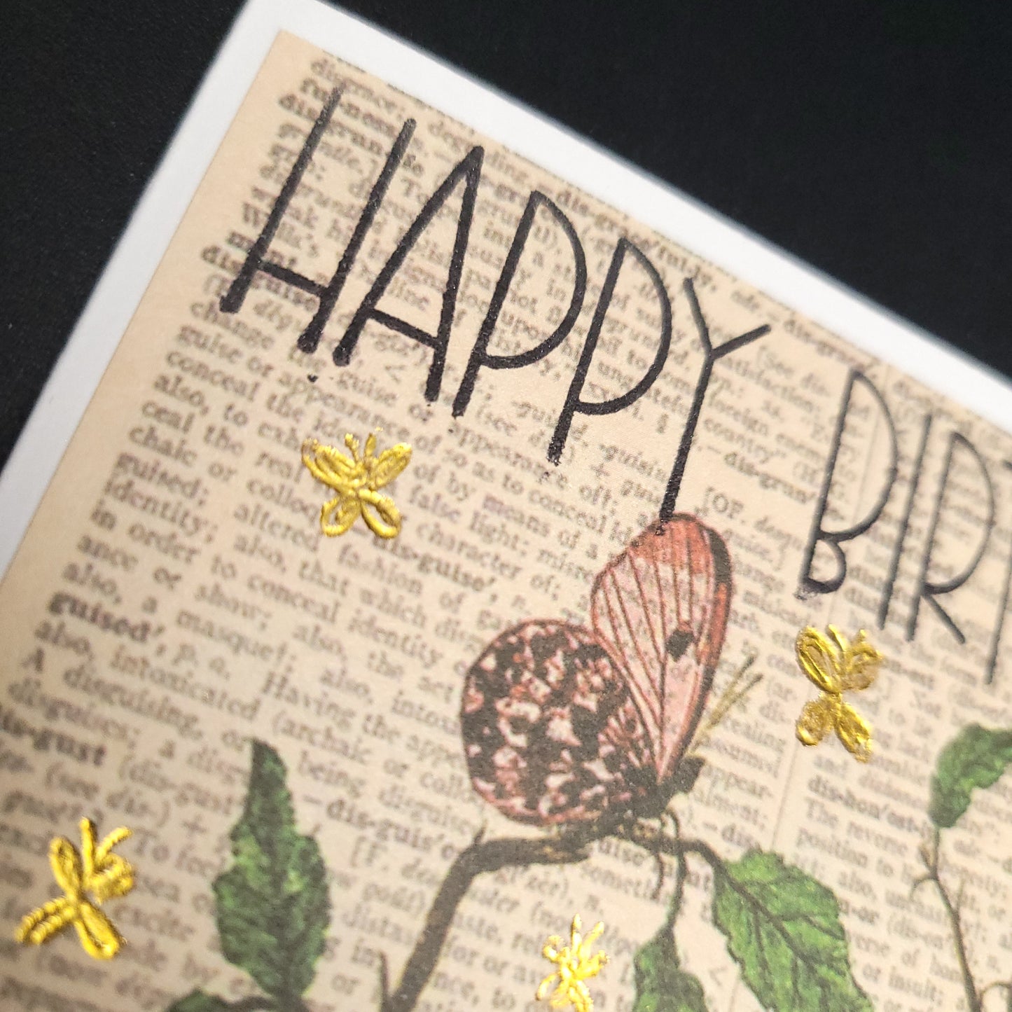 A6 Butterfly Gathering vintage style hand stamped and foiled blank card