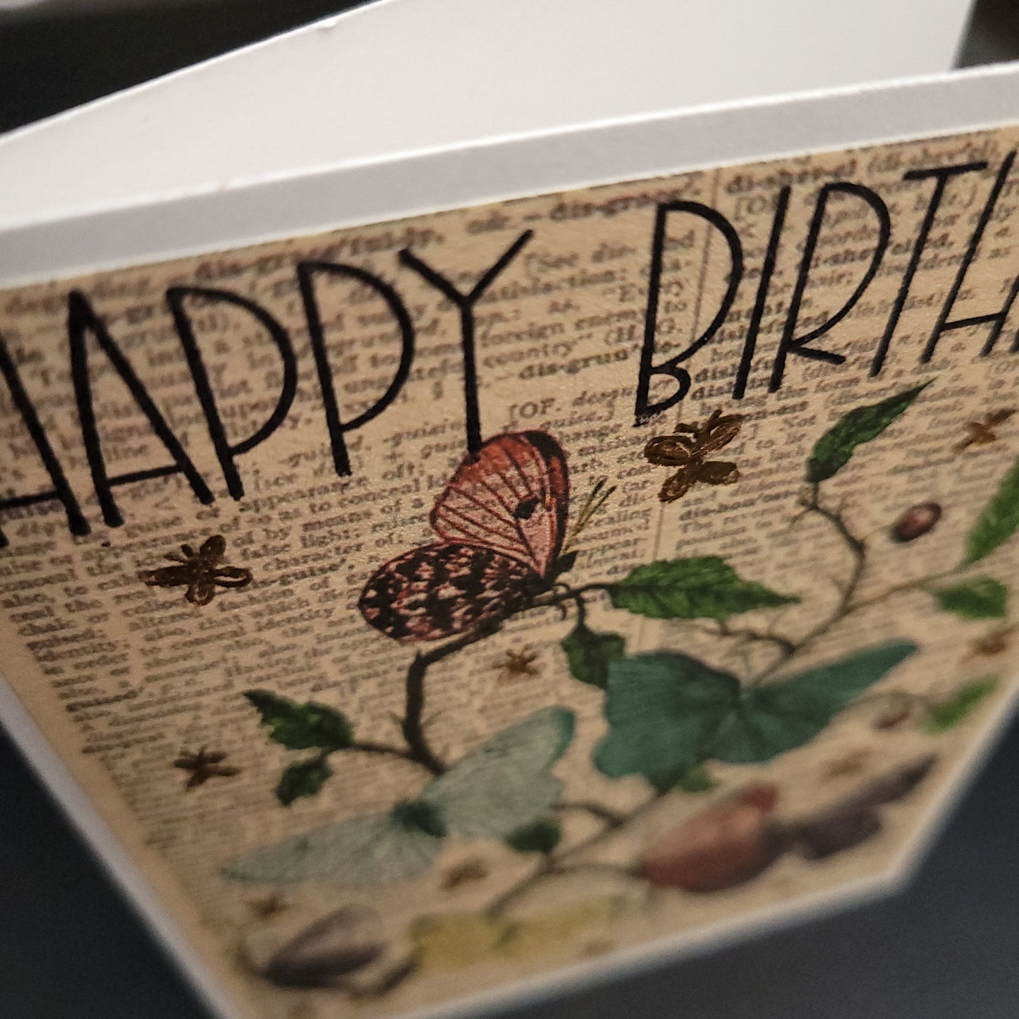 A6 Butterfly Gathering vintage style hand stamped and foiled blank card