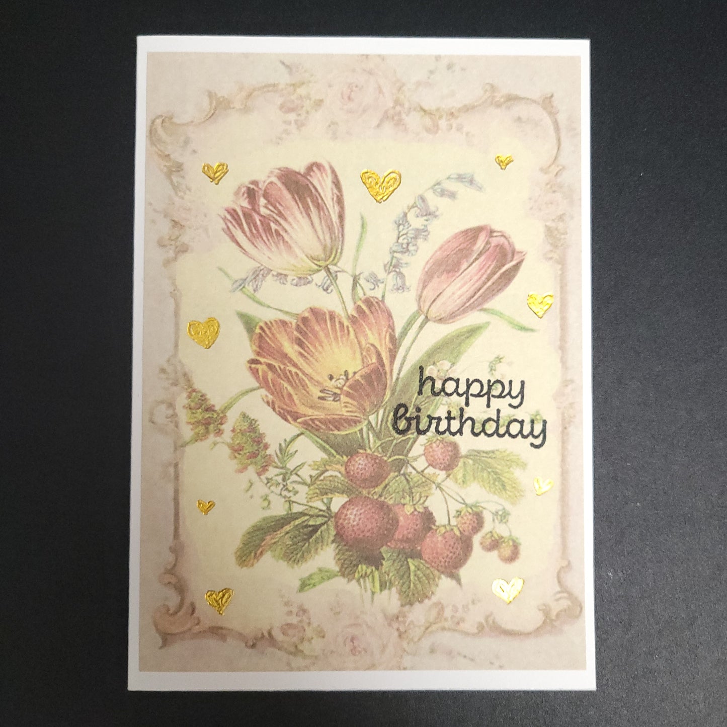 A6 Berry Floral vintage style hand stamped and foiled blank card