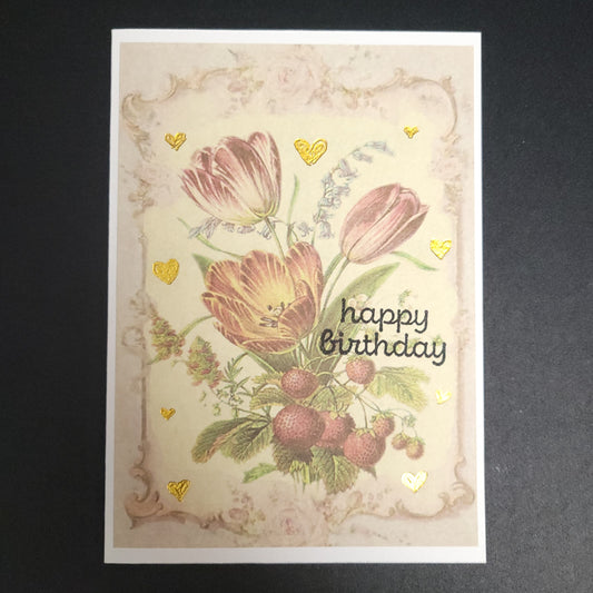 A6 Berry Floral vintage style hand stamped and foiled blank card