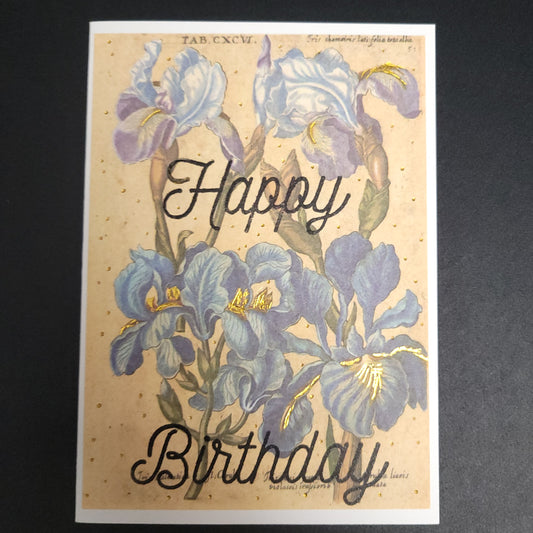 A6 Iris Floral vintage style hand stamped and foiled blank card