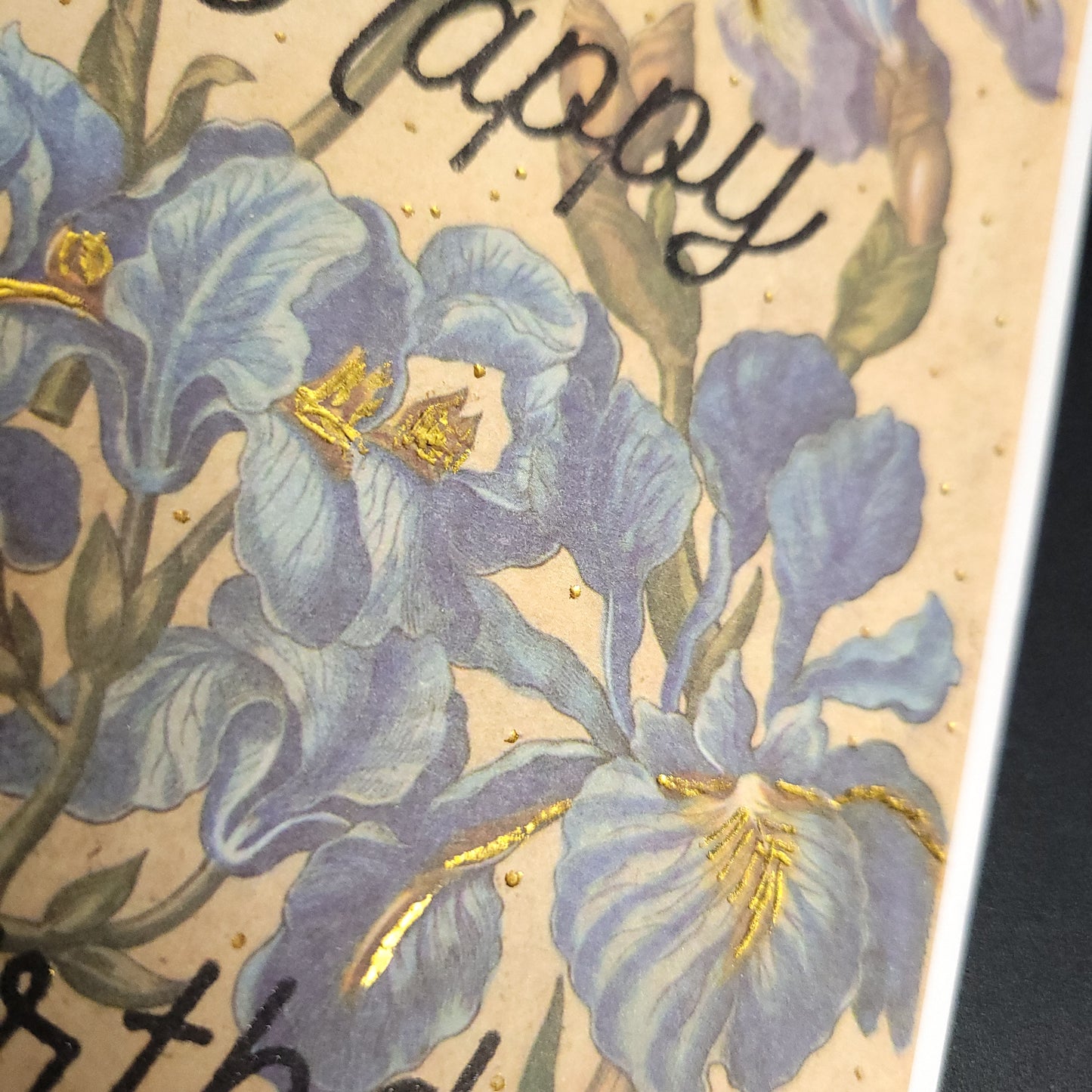 A6 Iris Floral vintage style hand stamped and foiled blank card
