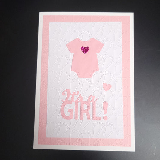 A6 Pink glitter heart onesie It's a Girl Baby blank card