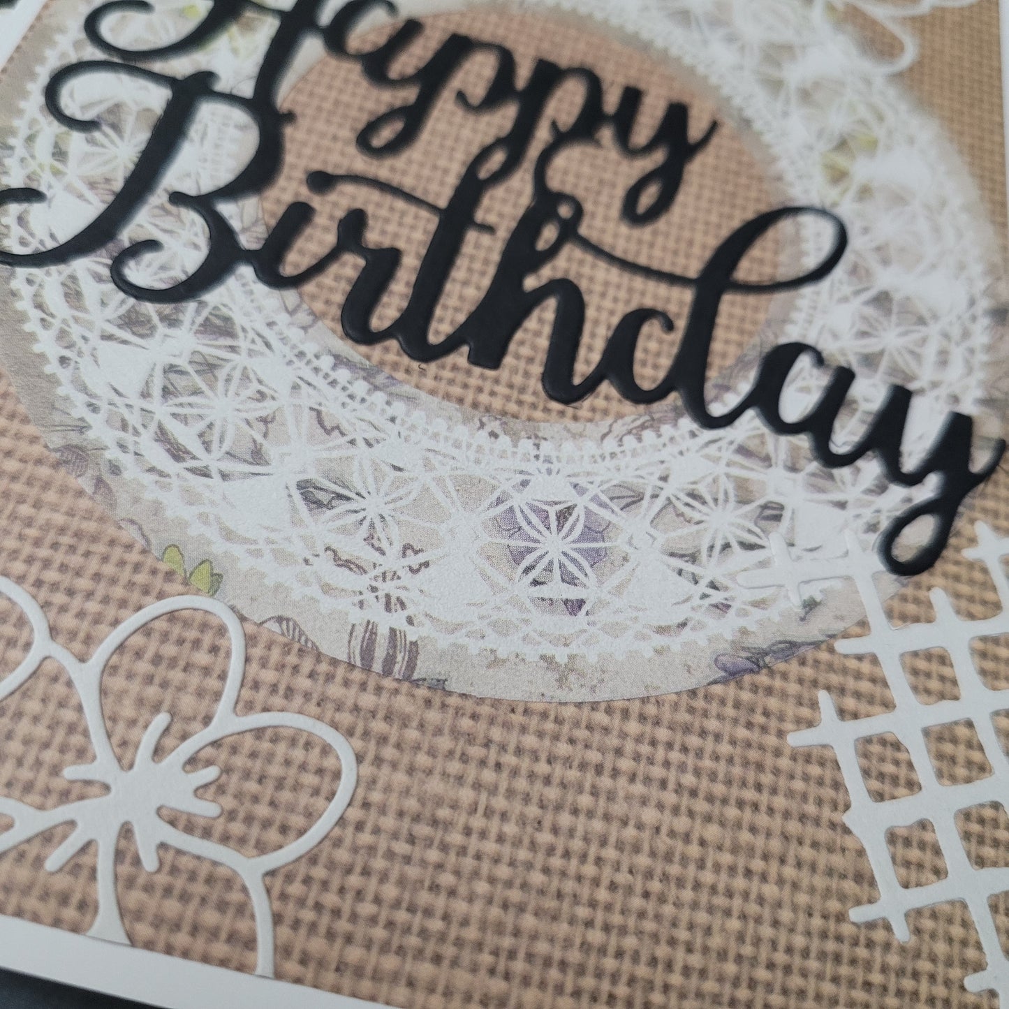 A6 Lace Circle with flowers & lattice detail Happy Birthday blank card.