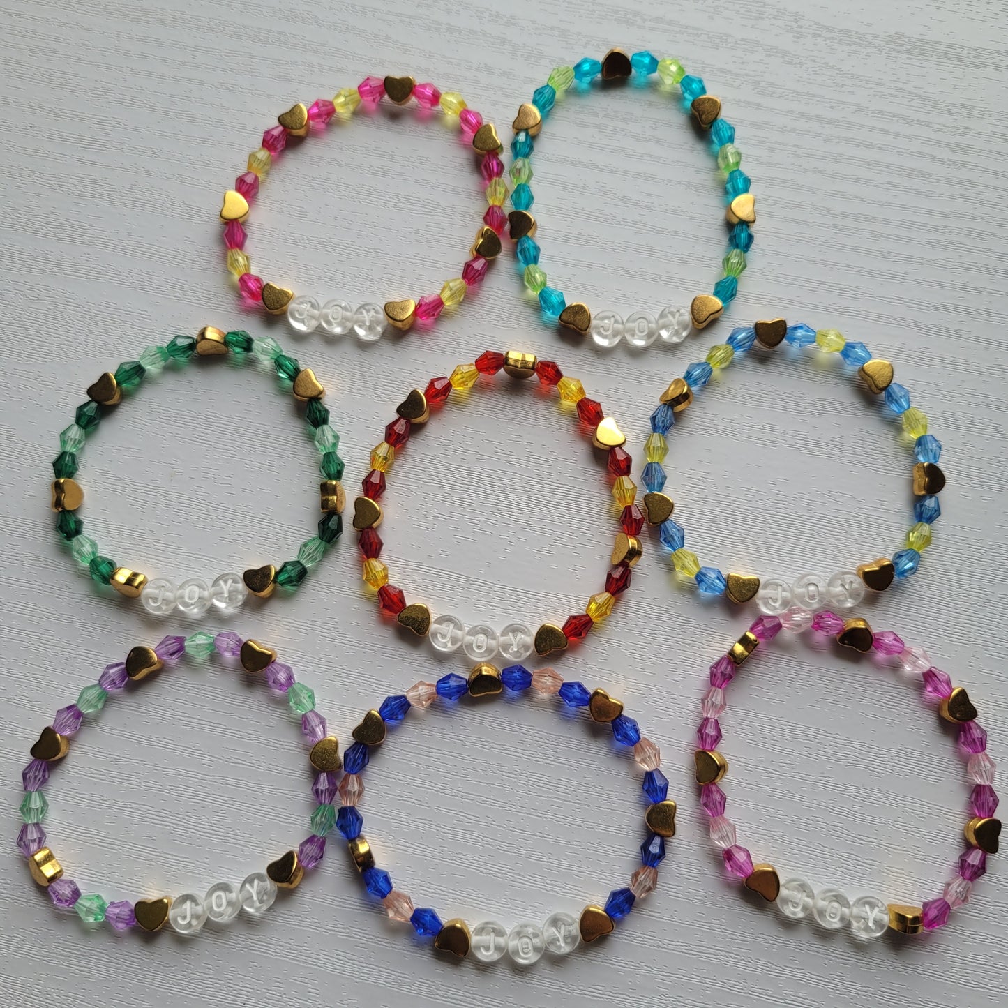 Kids Stretch JOY Colourful Gems and Gold Hearts Bead Bracelets