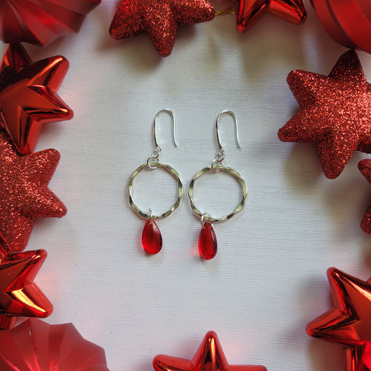 Christmas Red Glass Teardrop Bead Circle Earrings