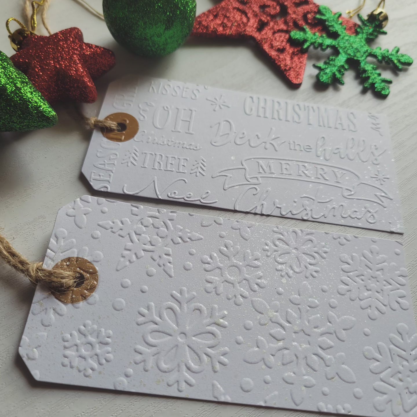 Set of 6 White Embossed Snowflake & Christmas Sentiments Gift Tags