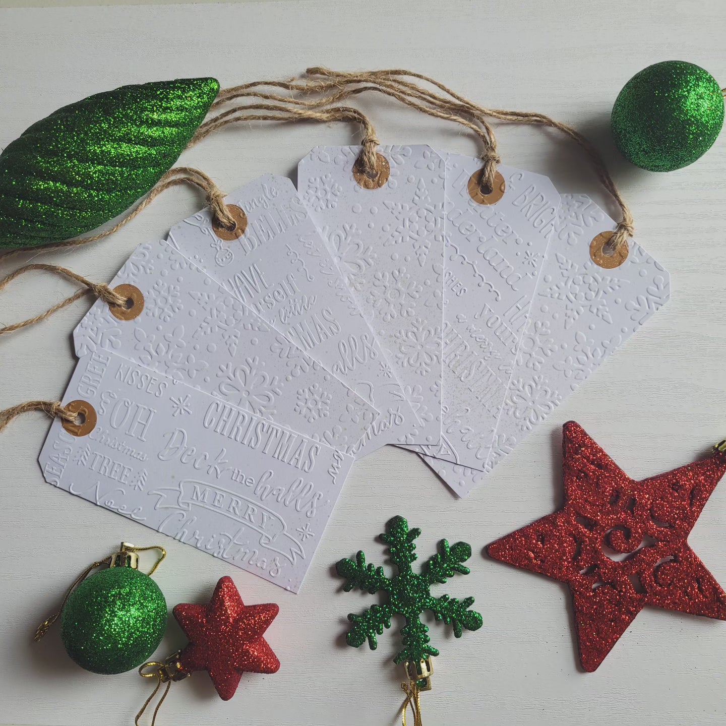 Set of 6 White Embossed Snowflake & Christmas Sentiments Gift Tags