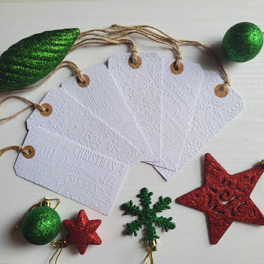 Set of 6 White Embossed Snowflake & Christmas Sentiments Gift Tags