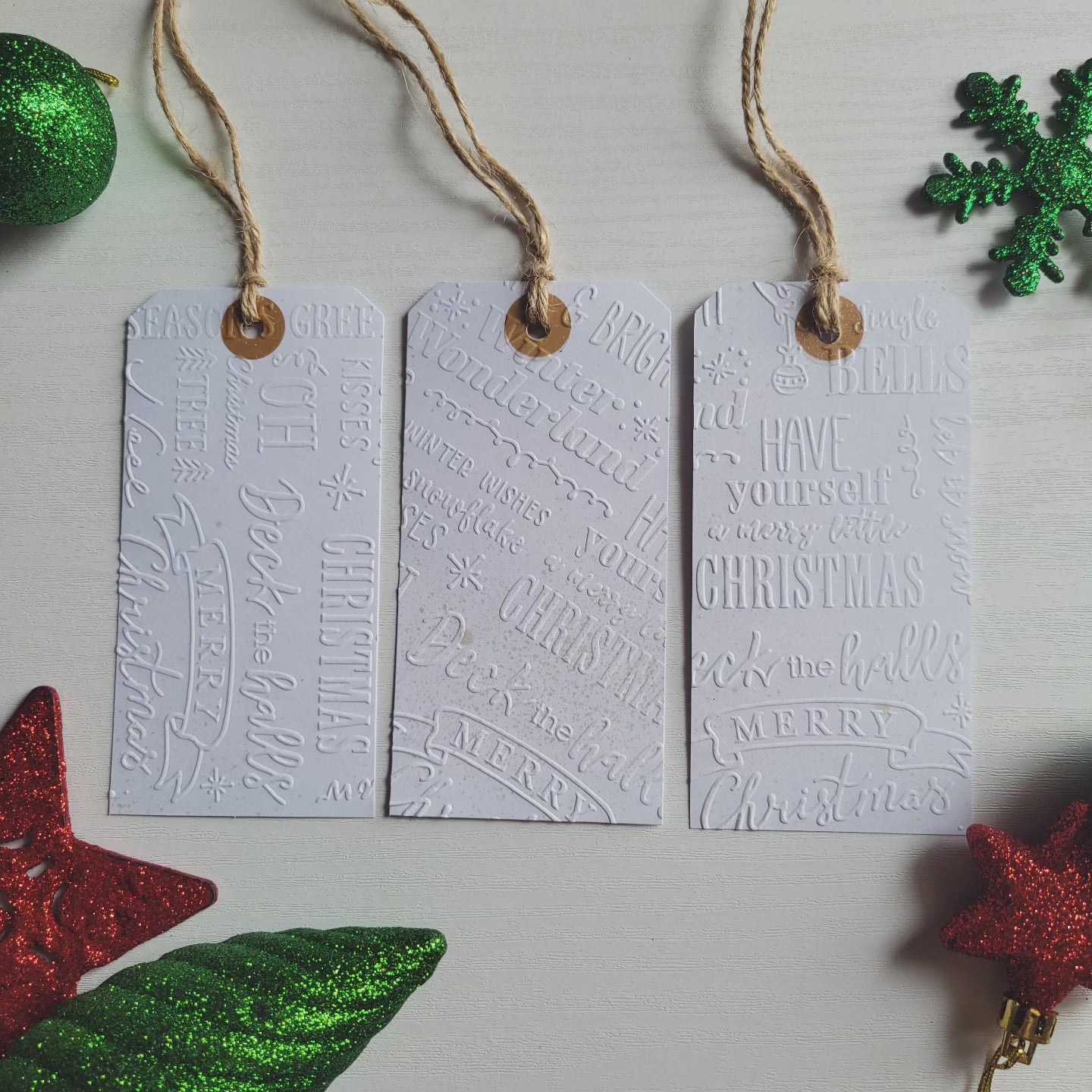 Set of 6 White Embossed Snowflake & Christmas Sentiments Gift Tags