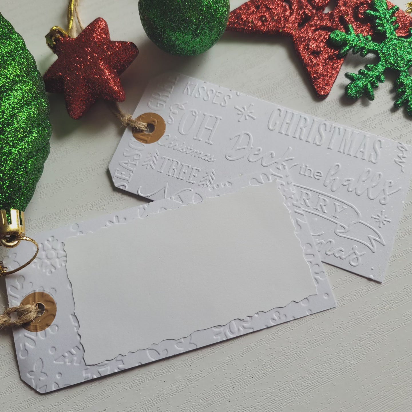 Set of 6 White Embossed Snowflake & Christmas Sentiments Gift Tags