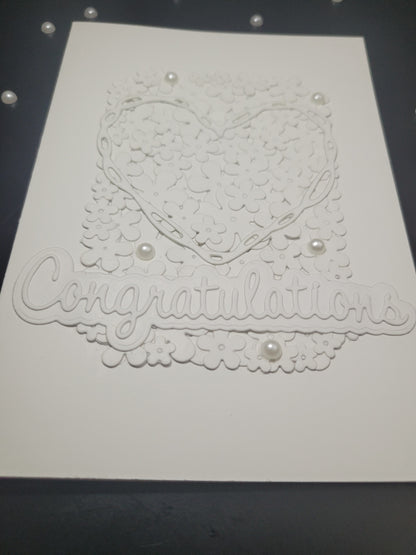 A6 Solid White Congratulations - Flower,Pearl and Hearts -Wedding/Engagement- blank card