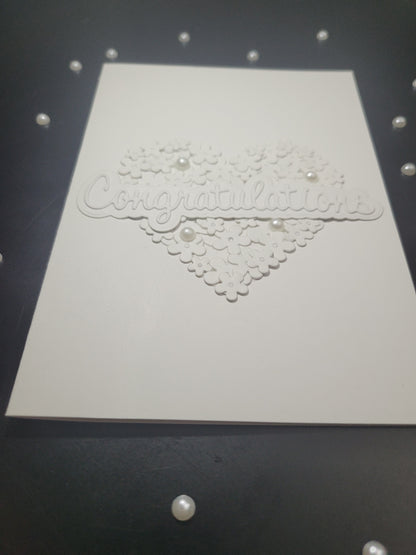 A6 Solid White Congratulations - Flower,Pearl and Hearts -Wedding/Engagement- blank card